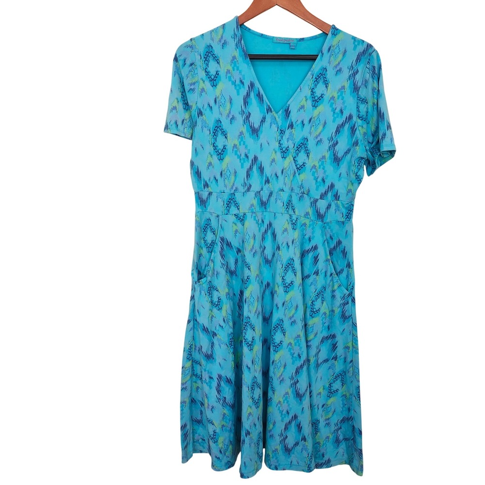 Fresh Produce V-Neck Dress Womens Large Blue Ikat Print Short Sleeve 22499